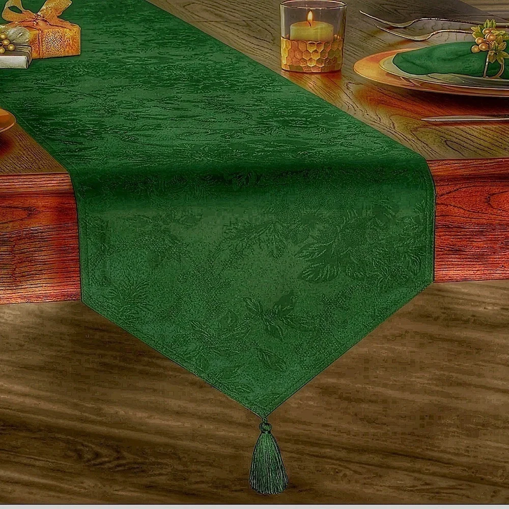 Holly Homes Table Runner Silky Holiday Christmas Green Damask 13 in x 72 in